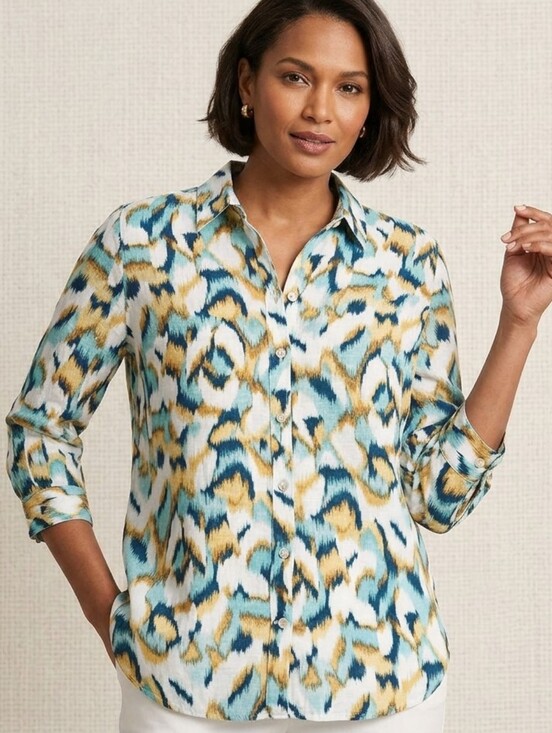 Chico's Tops - Chico's 100% Linen Button Up Shirt Teal Navy Print 3/4 Sleeve Size 1 (US 8)